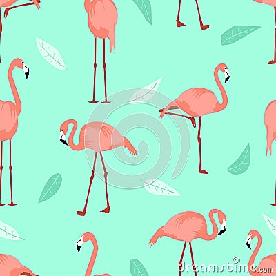 Seamless summer pattern flamingo turquoise foliage background. Exotic wading birds different poses. Side view flamingos for cover Vector Illustration