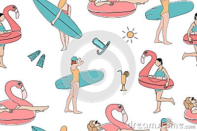 Seamless summer pattern. Girls with surfboards and an inflatable ring in the shape of a pink flamingo. Summer party Vector Illustration