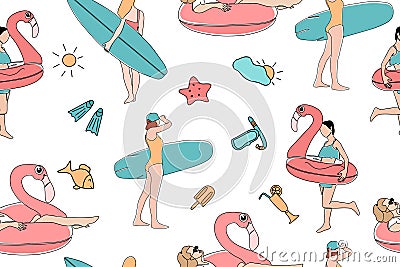 Seamless summer pattern. Girls with surfboards and an inflatable ring in the shape of a pink flamingo. Summer party Vector Illustration