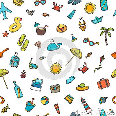 Seamless summer pattern with hand drawn beach icons. Vector beach background. Summer print. Vacation doodle icons Vector Illustration