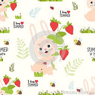 Seamless summer pattern with rabbit. Cute bunny with bouquet of strawberries and bee on white background with leaves and Vector Illustration