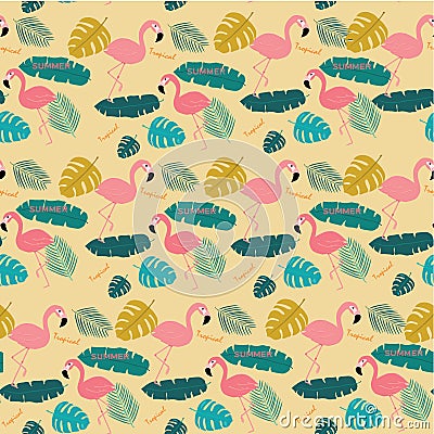 Summer Pink pastel flamingo and topical exotic leaves pattern seamless background Vector Illustration