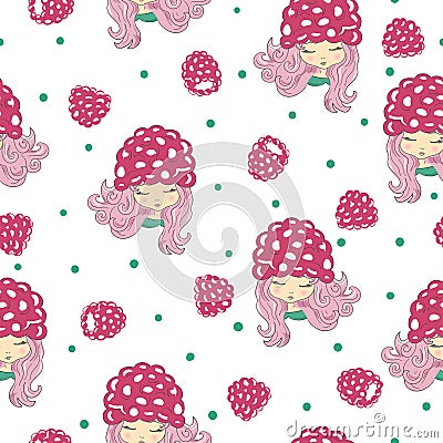 Seamless summer raspberry pattern with cute cartoon girl Vector Illustration