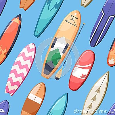 Seamless summer sport pattern with different water boards, surfboard, sup, surf. Endless background, repeating print Cartoon Illustration