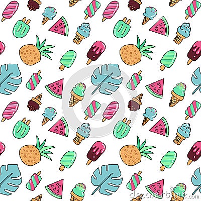 Seamless summer vacation icons pattern with ice cream, watermelon, pineapple and palm leaves. Vector hand drawn color outline Cartoon Illustration