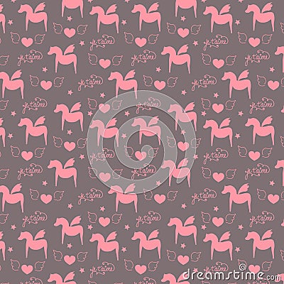 Seamless surface pattern, romantic, valentine, girlish, love pegasus horses with wings, heart, calligraphic lettering in french Vector Illustration