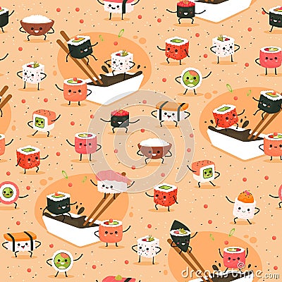 Seamless sushi pattern. Funny asian foods characters, japanese meal. Decor kitchen textile, wrapping paper, wallpaper Vector Illustration