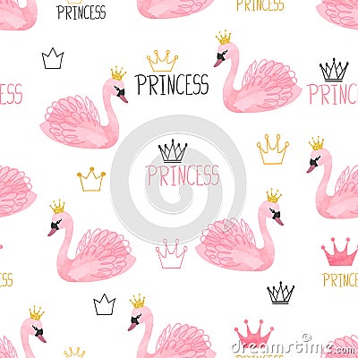 Seamless swan princess pattern. Vector watercolor illustration Vector Illustration