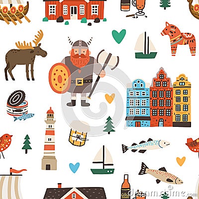 Seamless Swedish pattern with Sweden and Stockholm symbols on white background. Endless texture for printing Vector Illustration