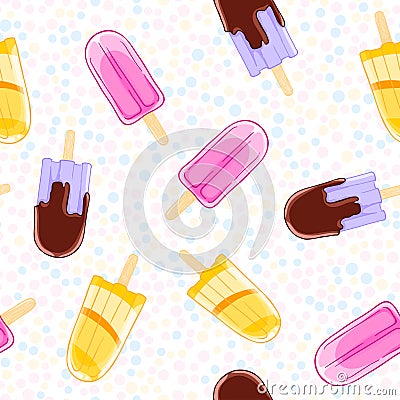 Seamless sweet pattern with popsicles in cartoon style on polka dot background. Vector Illustration