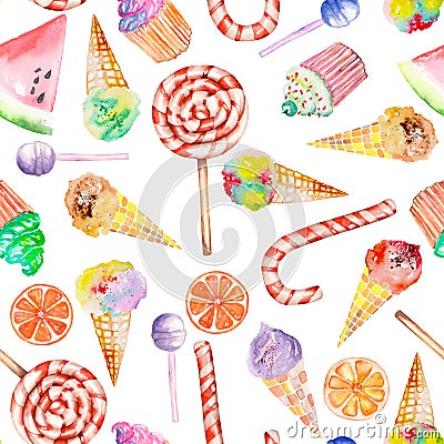 A seamless sweet pattern with the watercolor lollipop, candy cane, ice cream, muffins and other. Painted hand-drawn on a white bac Stock Photo