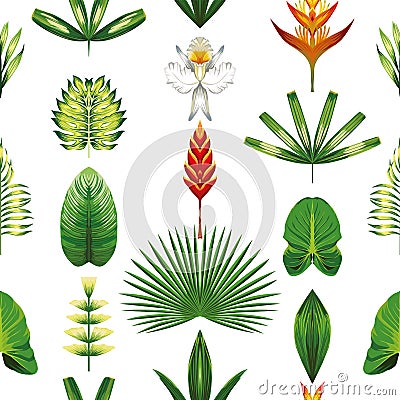 Seamless symmetric tropical flowers and leaves white background Vector Illustration