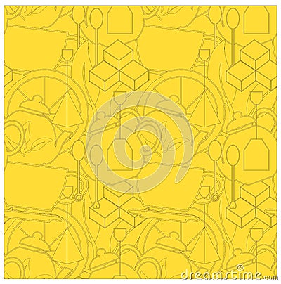 Seamless tea background. Black outline teapots, spoons, tea bags, tea leaves, sugar cubes on yellow Vector Illustration