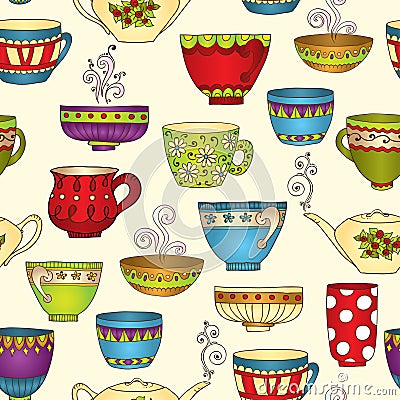 Seamless tea pattern with doodle teapots and cups. Vector Illustration