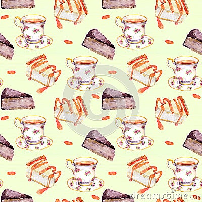 Seamless teatime pattern with cakes and tea cup. Watercolor Stock Photo