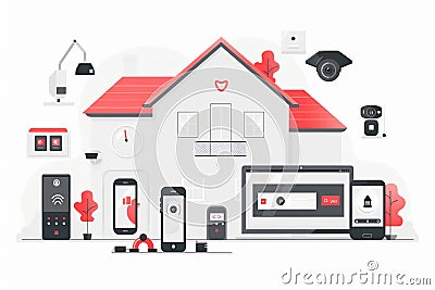 Seamless tech integration controls wired alarms, focusing on security concepts that blend wireless device control with safeguardin Cartoon Illustration