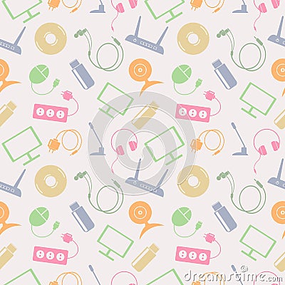 Seamless technology vector pattern, chaotic background with colorful icons of PC, monitor, headphones, disc, router, socket, batte Vector Illustration