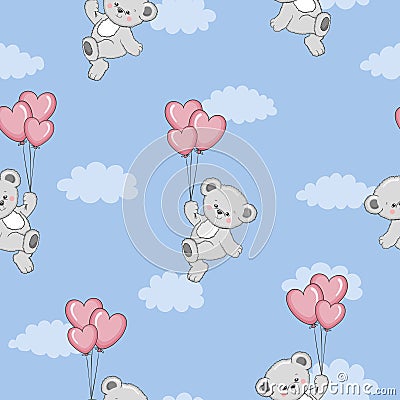 Seamless Teddy Bear pattern. Vector background with cute cartoon bears and heart balloons Vector Illustration