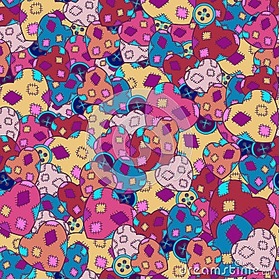 Seamless textile hobby patchwork pattern, many different bright hearts, buttons. Cover design for album, book, notebook, notepad, Stock Photo