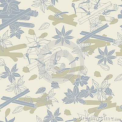 Seamless textile pattern in pastel colors for fabric. Vector illustration of spices for tea and coffee on a light background Vector Illustration