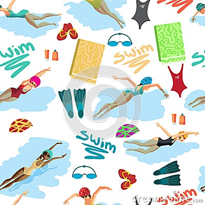 Seamless textile pattern of the women in sports swimsuit Vector Illustration