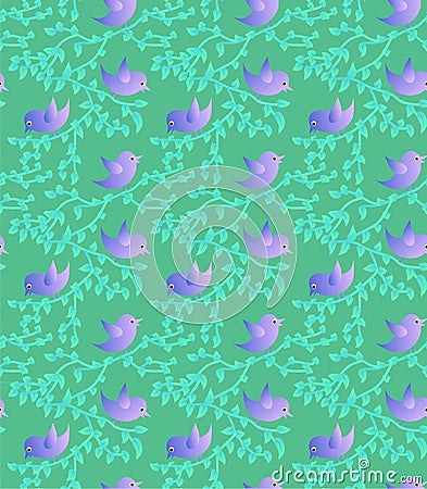 Seamless texture with birds and green leaves. Spring. Summer. Co Vector Illustration