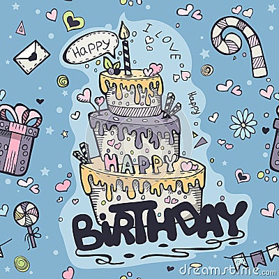 Seamless texture of blue colored doodles to birthday Vector Illustration