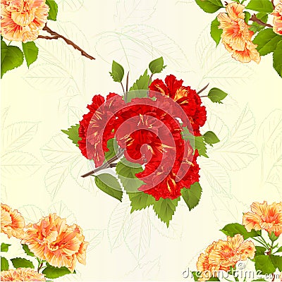 Seamless texture branch hibiscus Yellow and red tropical flowers on a leaves background vintage vector botanical illustration Vector Illustration