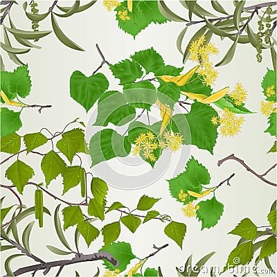 Seamless texture branches linden Willow with catkins and birch branch natural spring background vintage vector illustration edita Vector Illustration