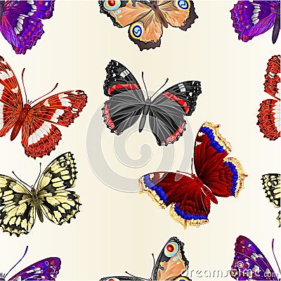 Seamless texture butterflies various mountain meadow and forest butterflies environment watercolor vintage nature background Vector Illustration