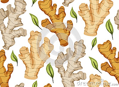 Seamless texture with cartoon ginger roots with leaves on a white background. Healthy food. Flat vector background Vector Illustration