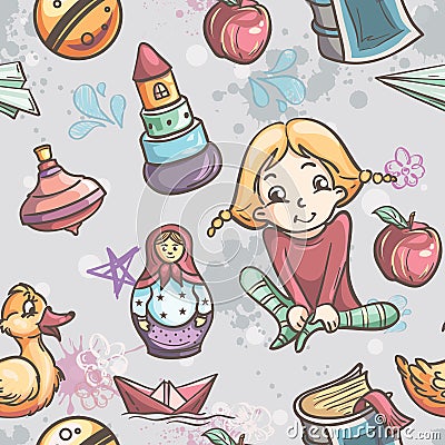 Seamless texture of children's toys for the girls Vector Illustration