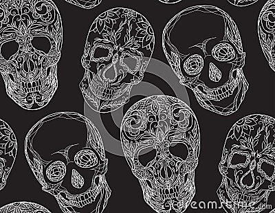 Seamless texture with a contour illustration of sugar skulls. Vector Illustration