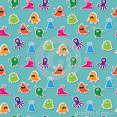 Seamless texture with cute cheerful colorful monsters Vector Illustration