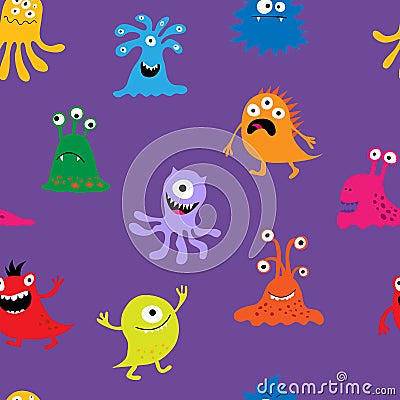 Seamless texture with cute cheerful colorful monsters Vector Illustration