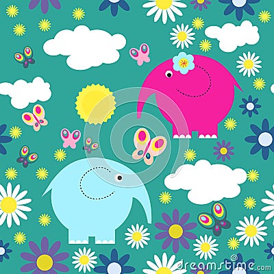 Seamless texture with cute elephants flowers and butterflies Vector Illustration