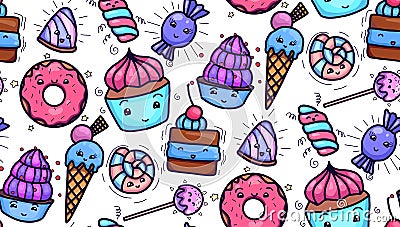 Seamless texture with cute, kawai sweets and confection on white background Vector Illustration