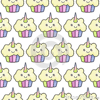 Seamless texture with cute, kawaii posed rainbow unicorn. Vector template for textiles, fabrics, wrapping paper. Vector Illustration