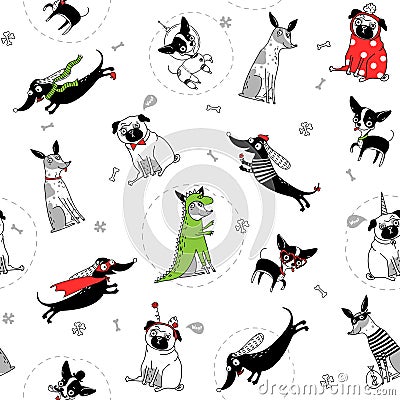 seamless texture with drawings of funny dogs in different costumes, vector illustration Vector Illustration