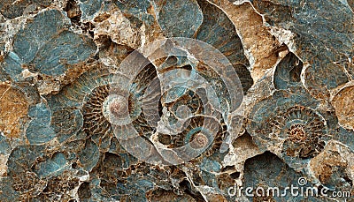 Seamless texture of elaborate and unique calcified blue ammonite sea shell spirals - generative AI Stock Photo