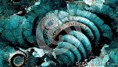 Seamless texture of elaborate and unique calcified blue ammonite sea shell spirals - generative AI Stock Photo