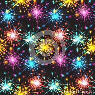 Seamless texture with festive fireworks of hearts. Vector Illustration