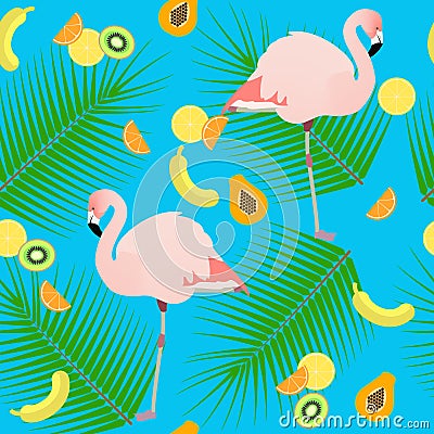 Seamless texture flamingos in the background of leaves and fru Stock Photo