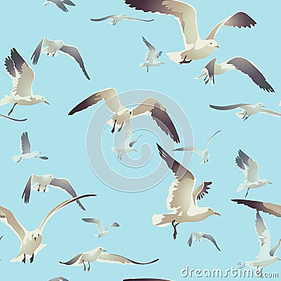 Seamless texture with a flock of seagulls flying Vector Illustration