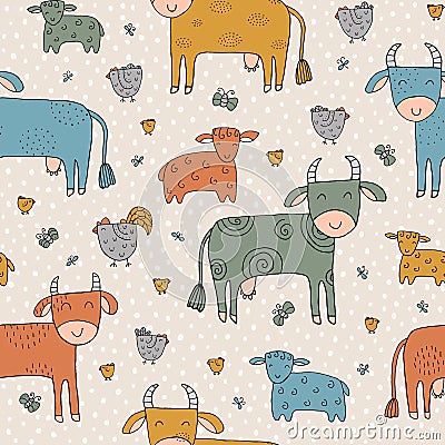 Seamless texture with funny cows, sheep, chickens and hand drawn elements Vector Illustration