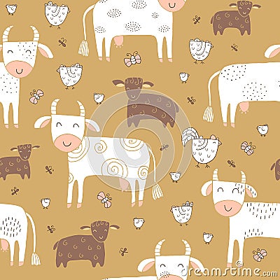 Seamless texture with funny cows, sheep, chickens and hand drawn elements Vector Illustration