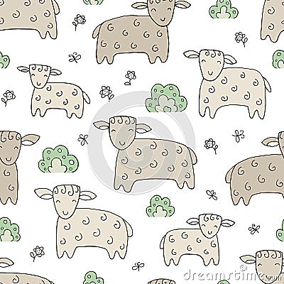 Seamless texture with funny sheep, lambs and hand drawn elements Vector Illustration