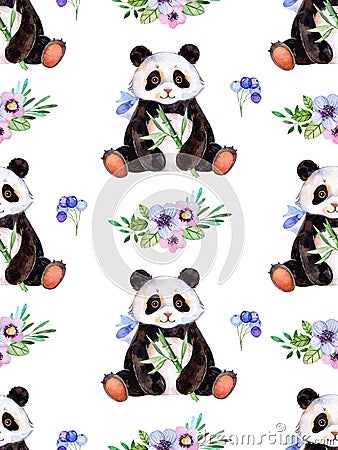 Seamless texture with handpainted watercolor elements, multicolored triangles and cute Panda Stock Photo