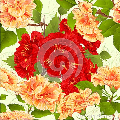 Seamless texture hibiscus Yellow and red tropical flowers branches on a leaves background vintage vector botanical illustration Vector Illustration