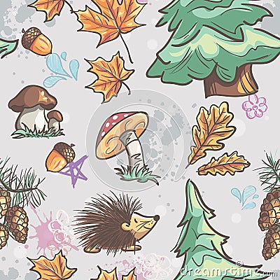 Seamless texture with the image of funny little animals, trees, fungi Vector Illustration
